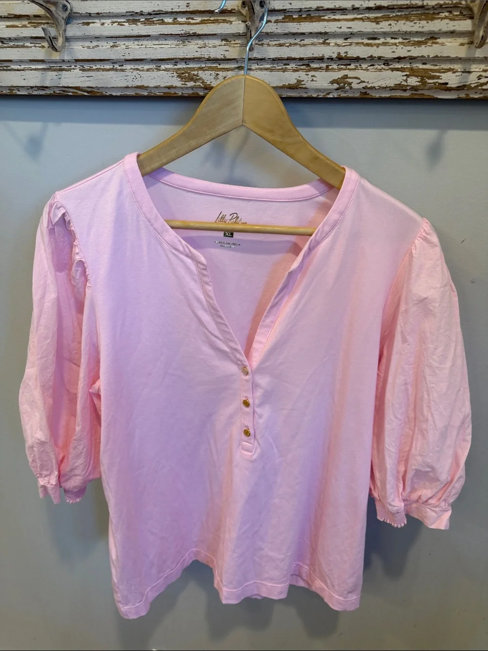 Lilly Pulitzer Ronson Knit Split V-Neck Short Puff Sleeve Top‎ Size XL